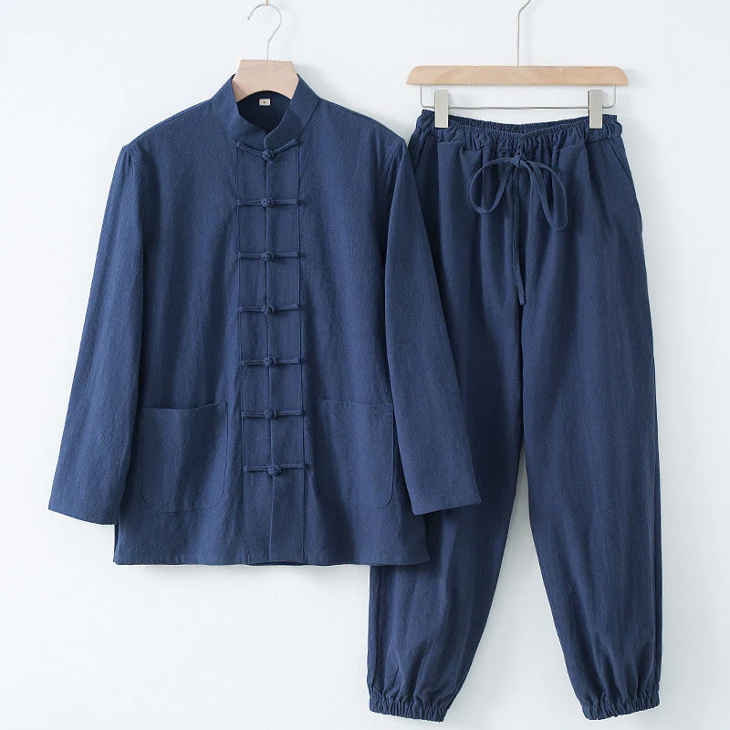 Buddha Stones Meditazione Rana-Bottone Tang Camicia Manica Lunga Pantaloni Uomo Completo - Image 13