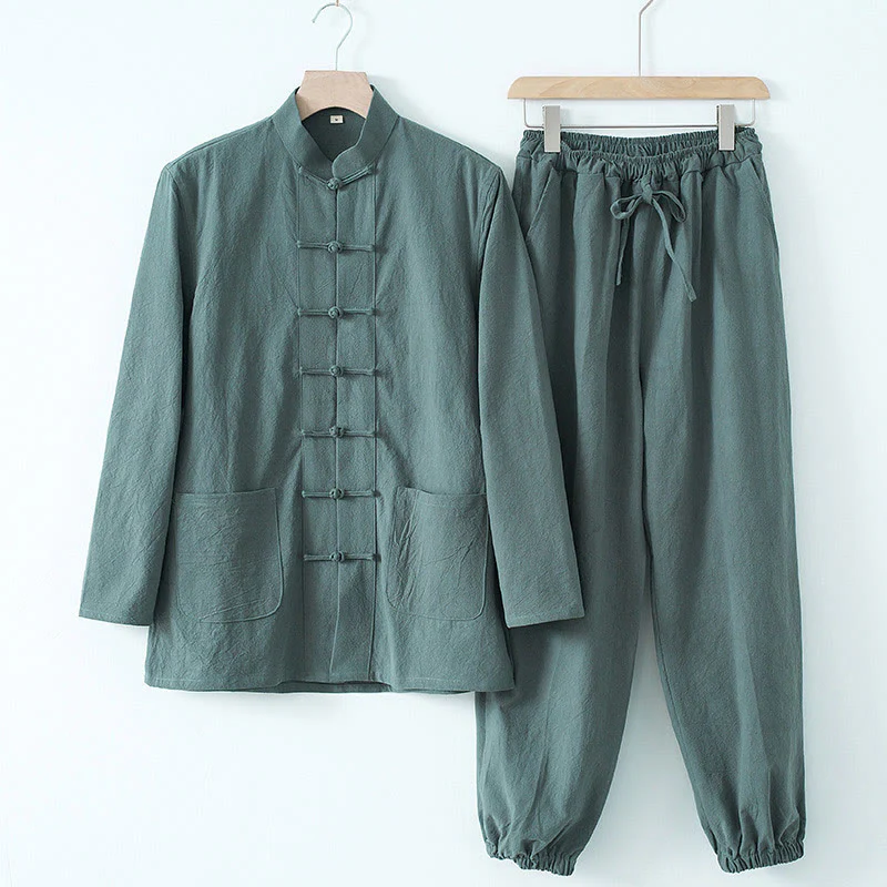Buddha Stones Meditazione Rana-Bottone Tang Camicia Manica Lunga Pantaloni Uomo Completo - Image 14