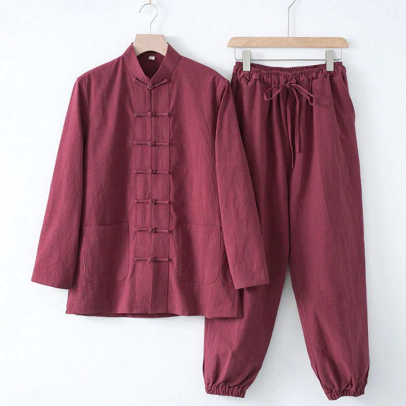 Buddha Stones Meditazione Rana-Bottone Tang Camicia Manica Lunga Pantaloni Uomo Completo - Image 15