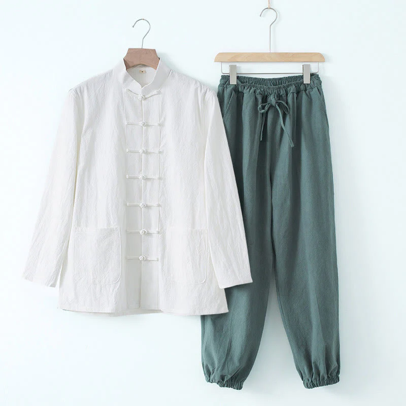 Buddha Stones Meditazione Rana-Bottone Tang Camicia Manica Lunga Pantaloni Uomo Completo - Image 21