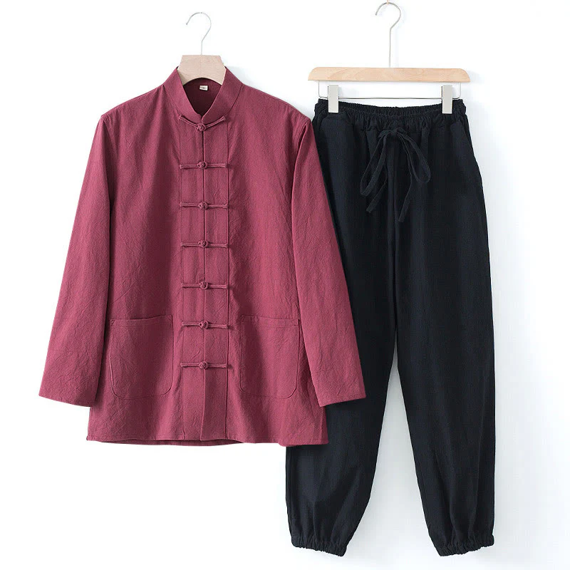 Buddha Stones Meditazione Rana-Bottone Tang Camicia Manica Lunga Pantaloni Uomo Completo - Image 24