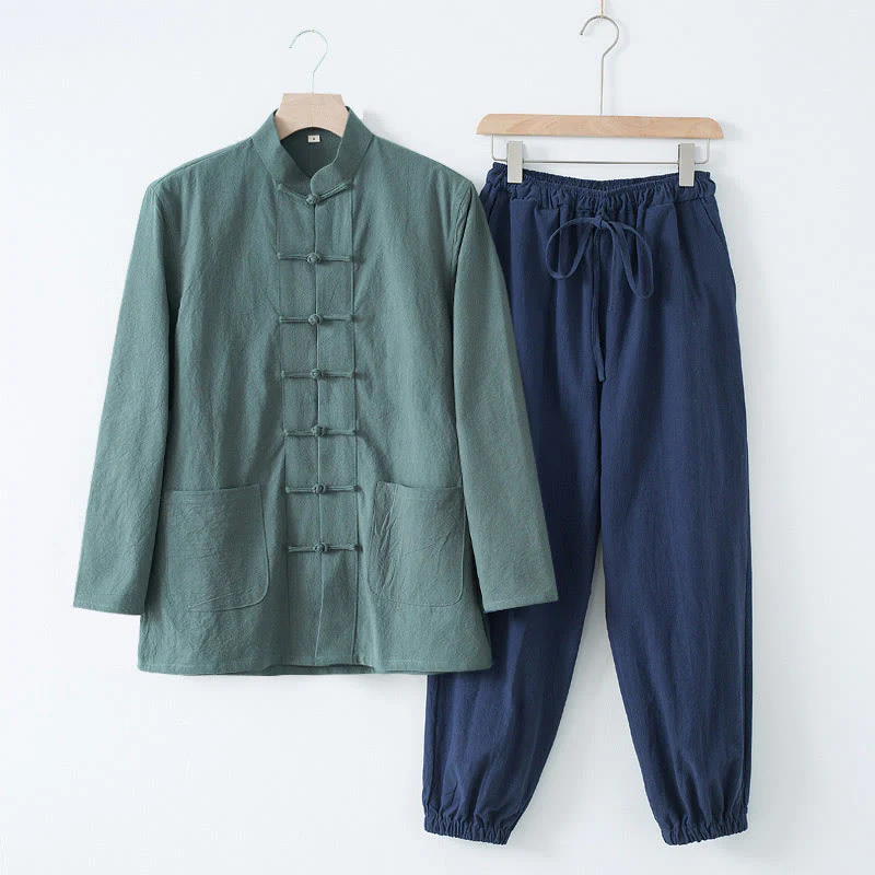 Buddha Stones Meditazione Rana-Bottone Tang Camicia Manica Lunga Pantaloni Uomo Completo - Image 26