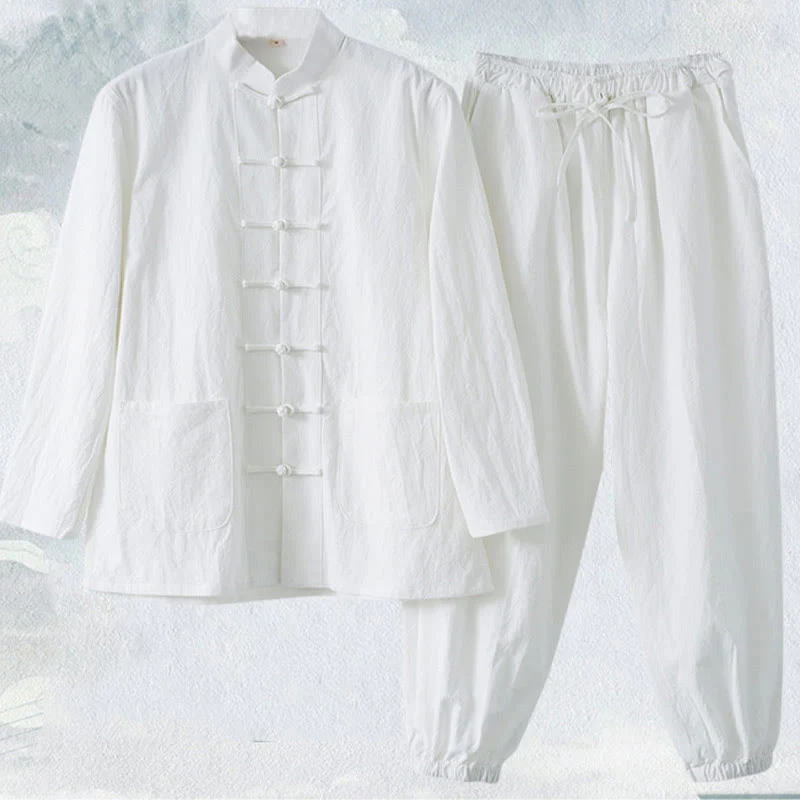 Buddha Stones Meditazione Rana-Bottone Tang Camicia Manica Lunga Pantaloni Uomo Completo - Image 3