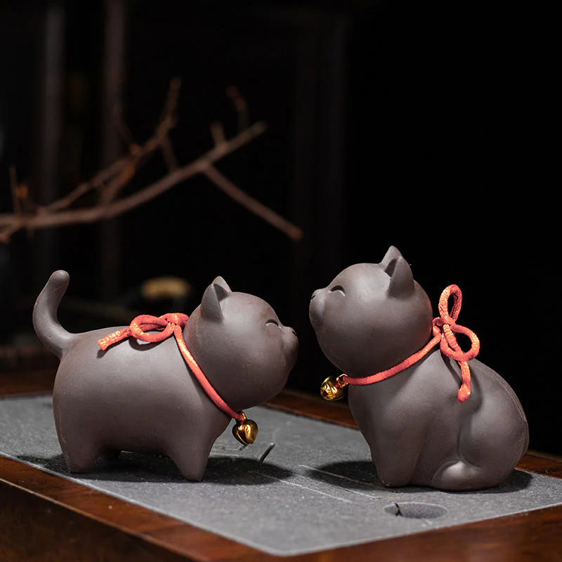 Buddha Stones Mini Lovely Cat Tea Pet Figurina di argilla viola Decorazione da scrivania - Image 10