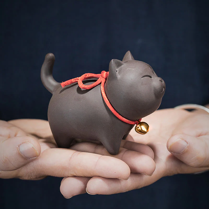 Buddha Stones Mini Lovely Cat Tea Pet Figurina di argilla viola Decorazione da scrivania - Image 3