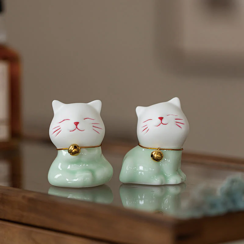 Buddha Stones Mini Lucky Cute Cat Figurina in ceramica verde chiaro bianca Decorazione - Image 20