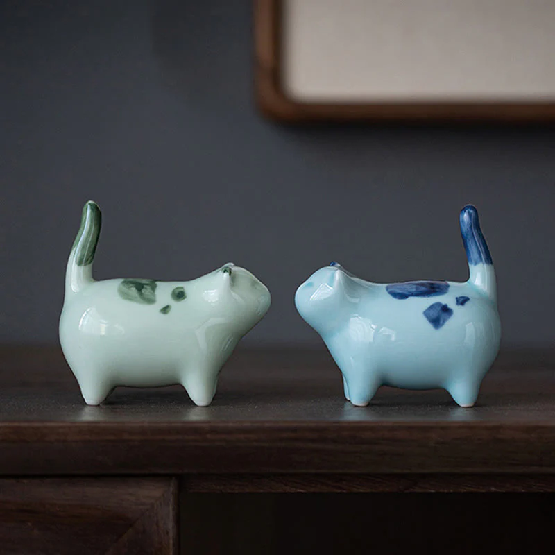 Buddha Stones Mini Lucky Cute Spotted Standing Cat Sleeping Kitten Ceramic Figurina Decorazione - Image 15