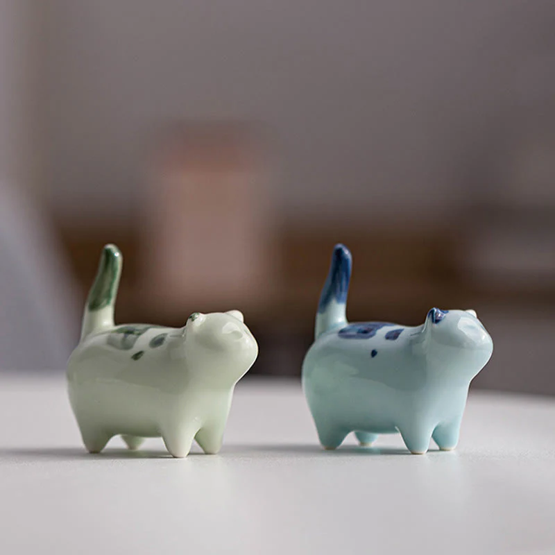 Buddha Stones Mini Lucky Cute Spotted Standing Cat Sleeping Kitten Ceramic Figurina Decorazione - Image 16