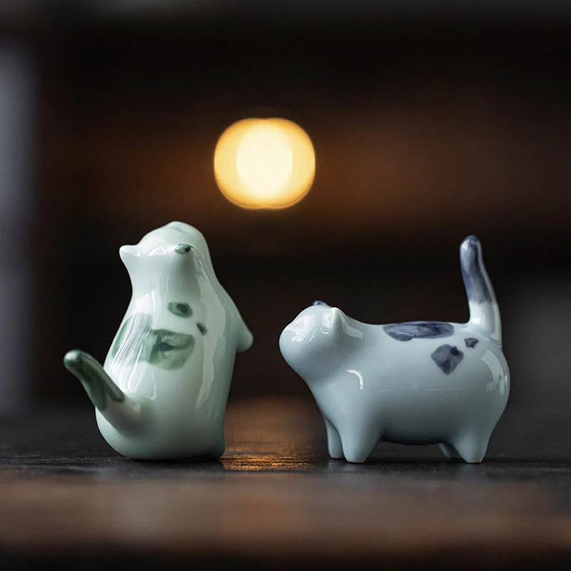Buddha Stones Mini Lucky Cute Spotted Standing Cat Sleeping Kitten Ceramic Figurina Decorazione - Image 17