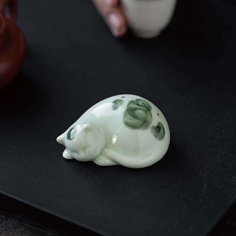 Buddha Stones Mini Lucky Cute Spotted Standing Cat Sleeping Kitten Ceramic Figurina Decorazione - Image 20