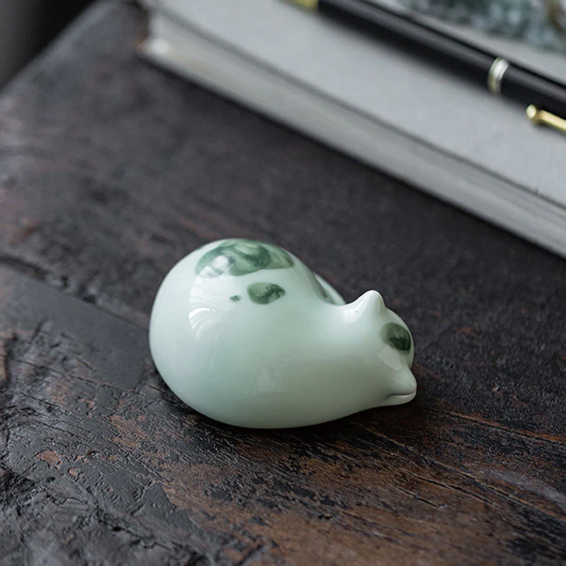 Buddha Stones Mini Lucky Cute Spotted Standing Cat Sleeping Kitten Ceramic Figurina Decorazione - Image 21