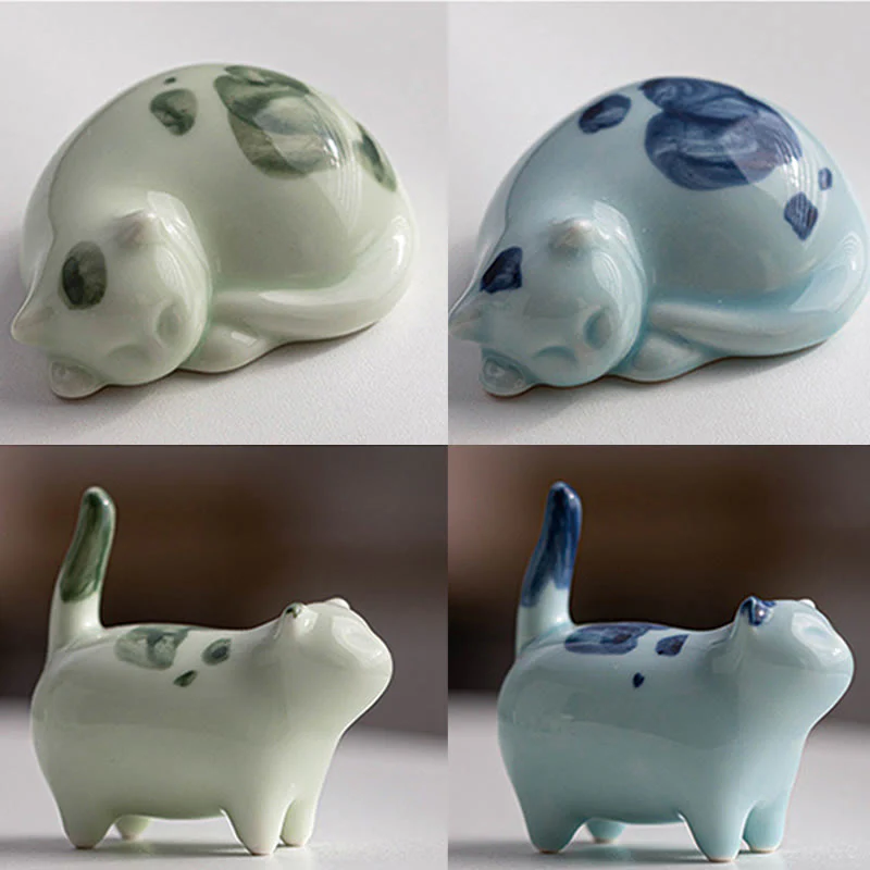 Buddha Stones Mini Lucky Cute Spotted Standing Cat Sleeping Kitten Ceramic Figurina Decorazione - Image 24