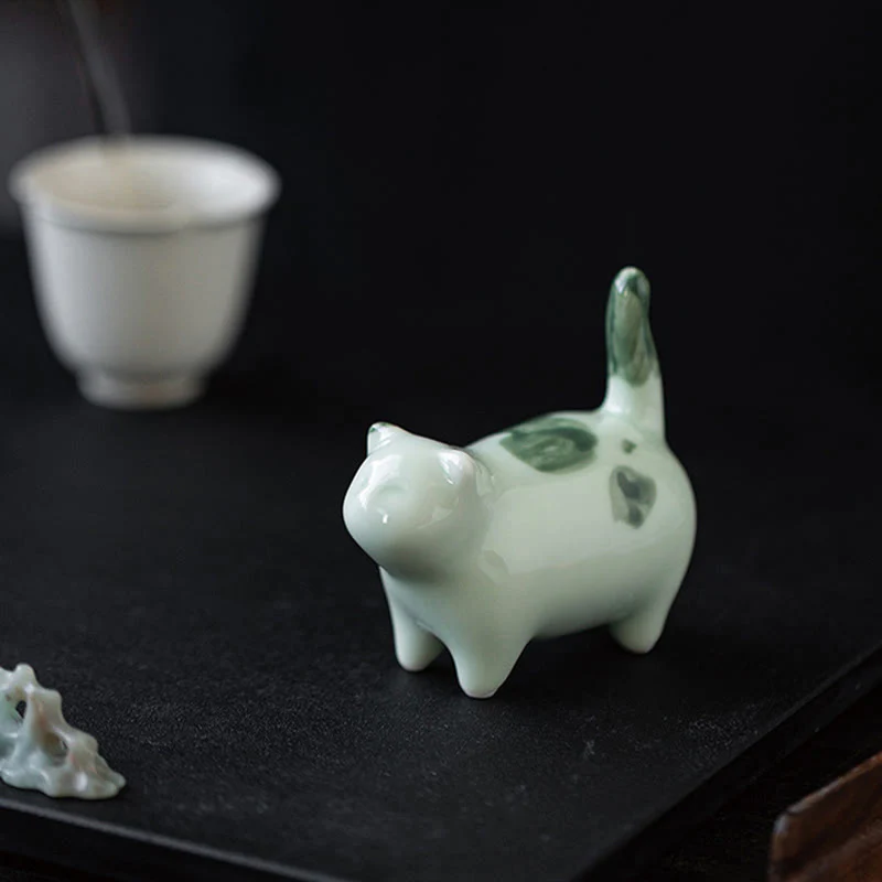Buddha Stones Mini Lucky Cute Spotted Standing Cat Sleeping Kitten Ceramic Figurina Decorazione - Image 6