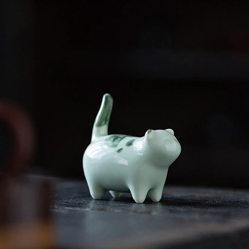 Buddha Stones Mini Lucky Cute Spotted Standing Cat Sleeping Kitten Ceramic Figurina Decorazione - Image 7