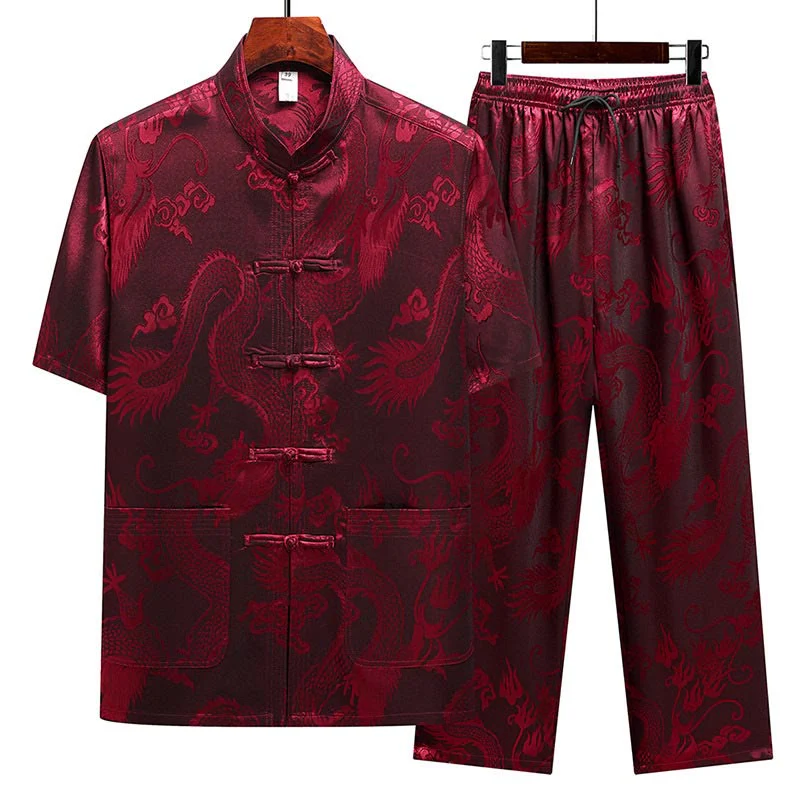 Buddha Stones Modello di drago Abito Tang Hanfu Uniforme tradizionale Maniche corte Pantaloni Abbigliamento Set da uomo - Image 20