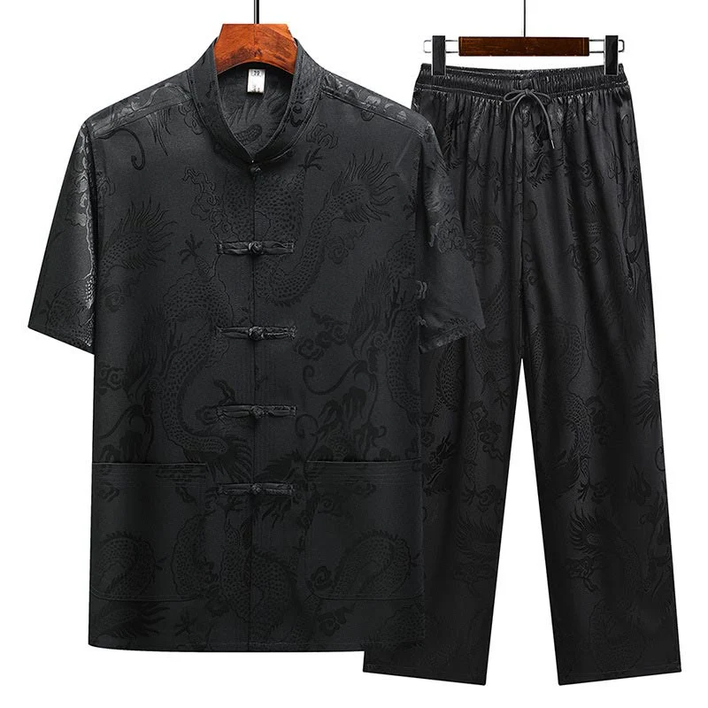 Buddha Stones Modello di drago Abito Tang Hanfu Uniforme tradizionale Maniche corte Pantaloni Abbigliamento Set da uomo - Image 26