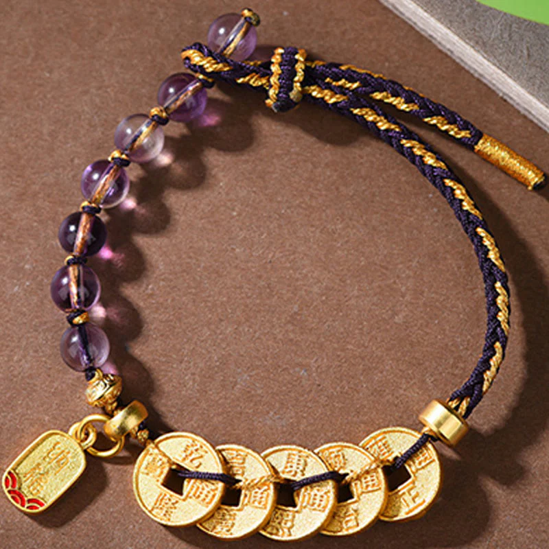 Buddha Stones, monete dei cinque imperatori, rame, ametista, cinabro, corda nera e rossa, braccialetto per l'equilibrio e l'attrazione della fortuna - Image 15