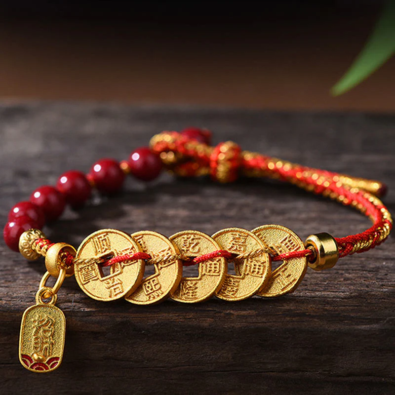 Buddha Stones, monete dei cinque imperatori, rame, ametista, cinabro, corda nera e rossa, braccialetto per l'equilibrio e l'attrazione della fortuna - Image 2