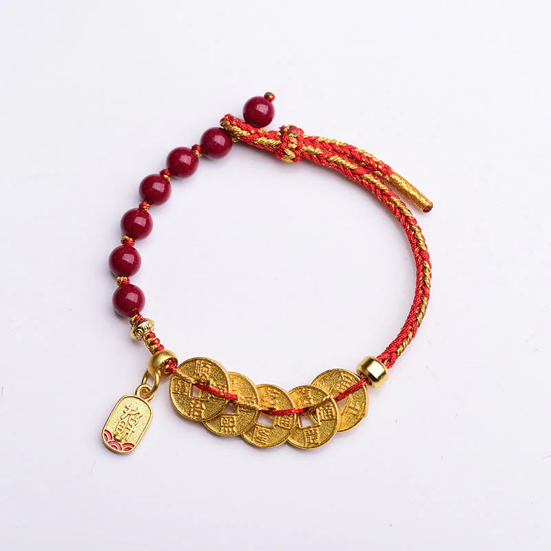 Buddha Stones, monete dei cinque imperatori, rame, ametista, cinabro, corda nera e rossa, braccialetto per l'equilibrio e l'attrazione della fortuna - Image 3