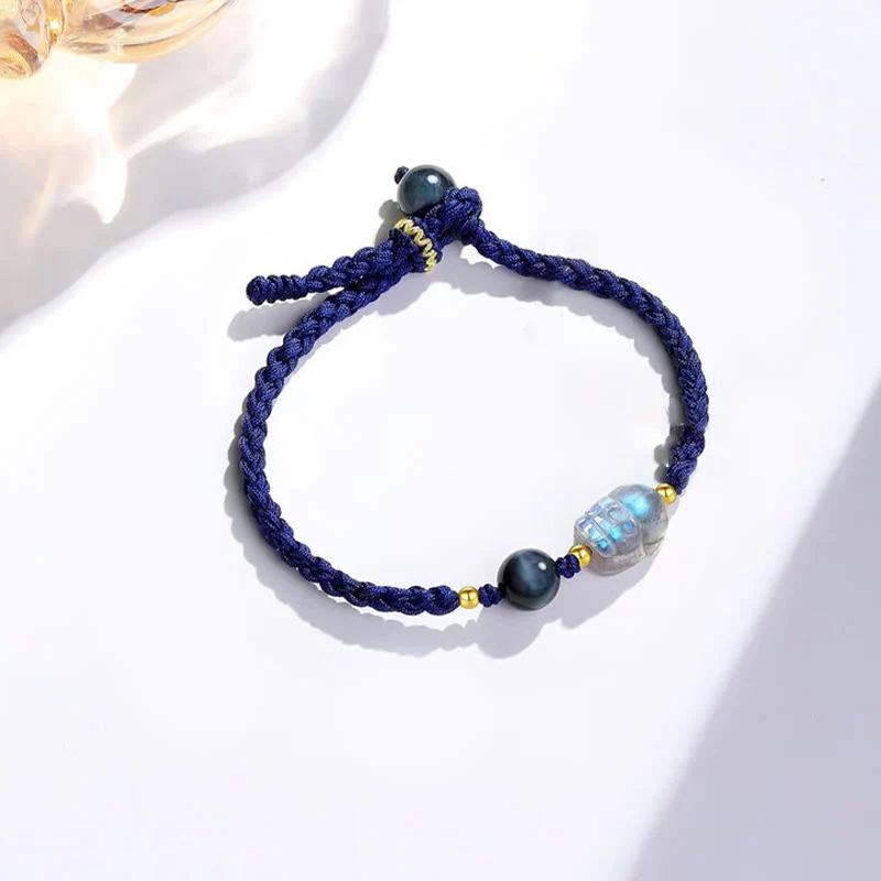 Buddha Stones Moonstone PiXiu Blue Tiger Eye Fu Character Braccialetto di corda di coppia curativo - Image 2