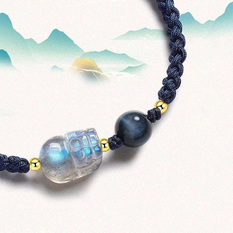 Buddha Stones Moonstone PiXiu Blue Tiger Eye Fu Character Braccialetto di corda di coppia curativo - Image 3