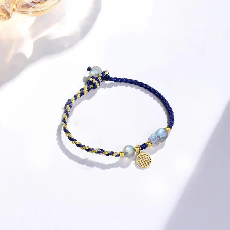 Buddha Stones Moonstone PiXiu Blue Tiger Eye Fu Character Braccialetto di corda di coppia curativo - Image 4