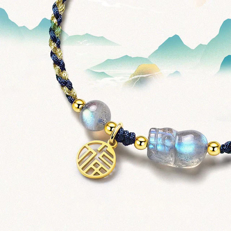 Buddha Stones Moonstone PiXiu Blue Tiger Eye Fu Character Braccialetto di corda di coppia curativo - Image 5