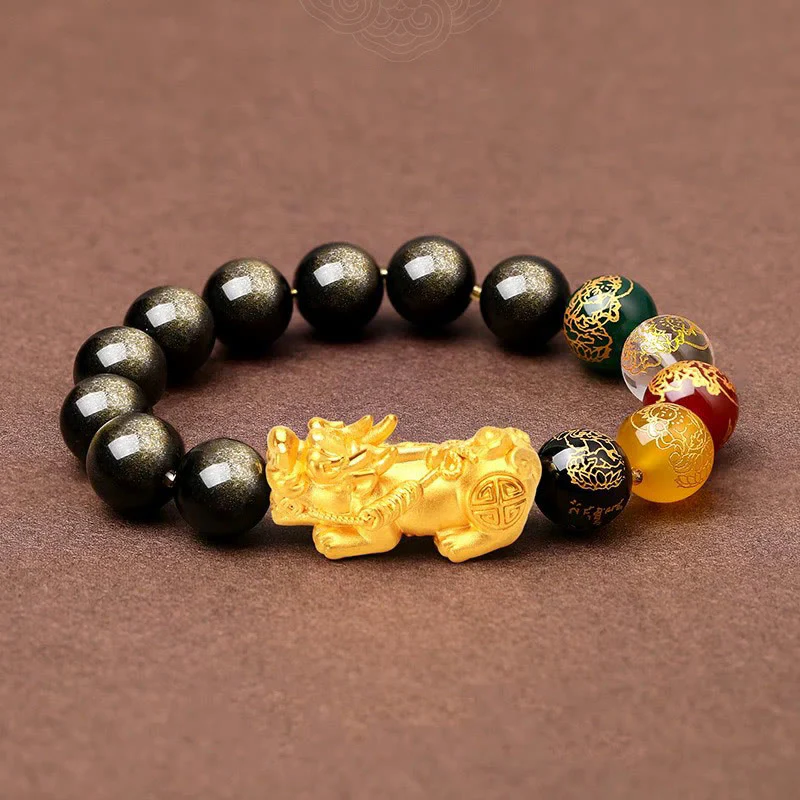 Buddha Stones Natural Gold Sheen Ossidiana PiXiu Cinque Direzioni Braccialetto di Protezione degli Dei della Ricchezza - Image 10