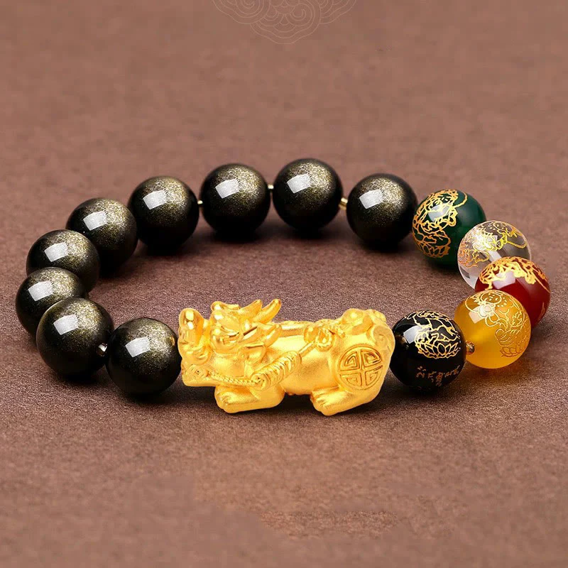 Buddha Stones Natural Gold Sheen Ossidiana PiXiu Cinque Direzioni Braccialetto di Protezione degli Dei della Ricchezza - Image 11