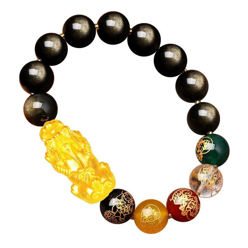 Buddha Stones Natural Gold Sheen Ossidiana PiXiu Cinque Direzioni Braccialetto di Protezione degli Dei della Ricchezza - Image 13