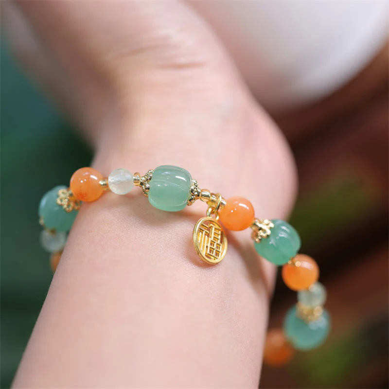 Buddha Stones Natural Golden Silk Jade Zucca Perlina Fu Carattere Charm Bracciale Ricchezza - Image 5