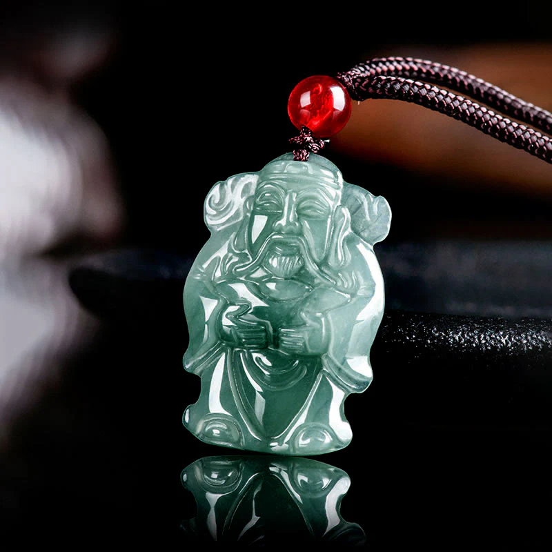Buddha Stones Natural Green Jade Cinese Dio della Ricchezza Caishen Lingotto Abbondanza Collana Pendente - Image 2