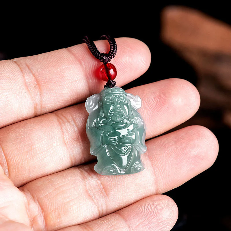 Buddha Stones Natural Green Jade Cinese Dio della Ricchezza Caishen Lingotto Abbondanza Collana Pendente - Image 4