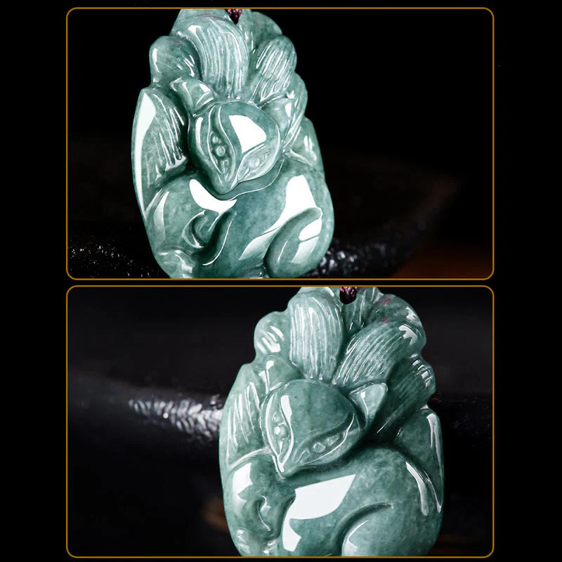 Buddha Stones Natural Green Jade Volpe a nove code Collana con ciondolo della prosperità incisa - Image 10