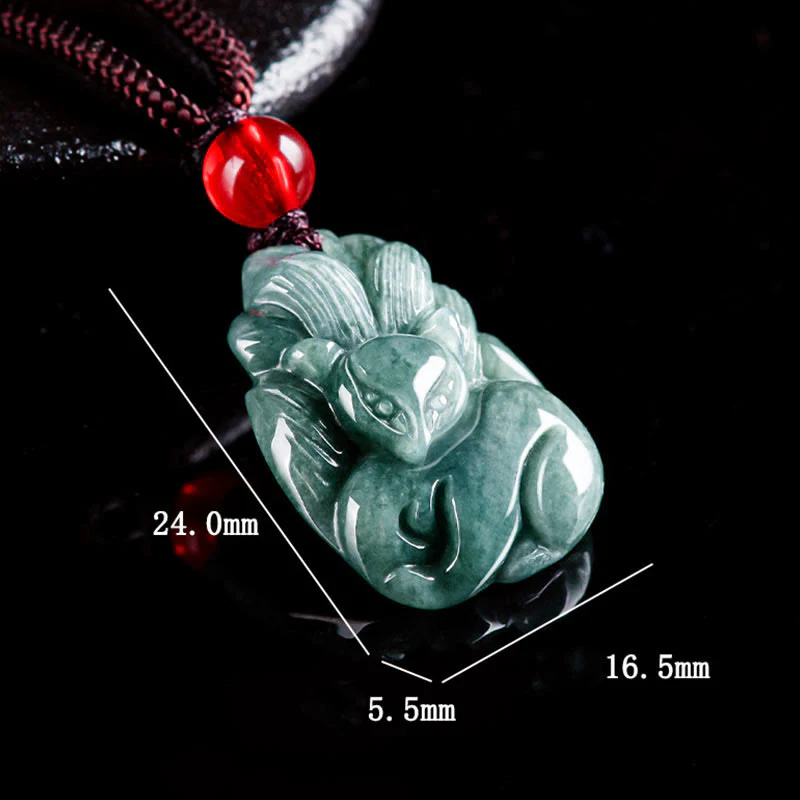Buddha Stones Natural Green Jade Volpe a nove code Collana con ciondolo della prosperità incisa - Image 11