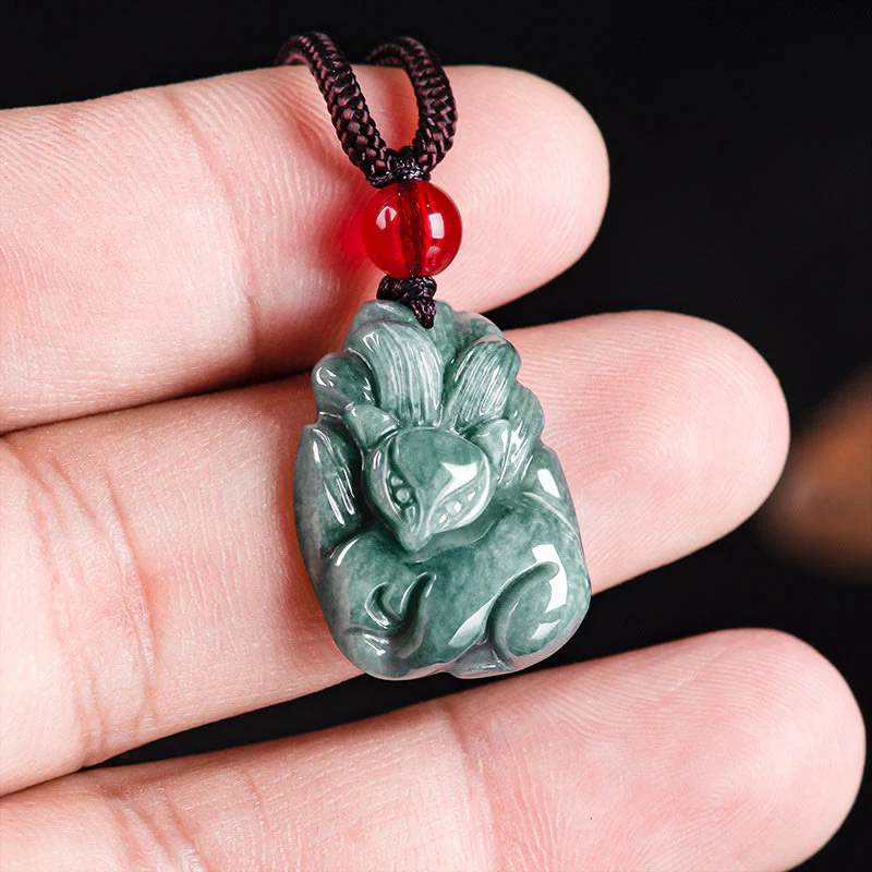 Buddha Stones Natural Green Jade Volpe a nove code Collana con ciondolo della prosperità incisa - Image 8