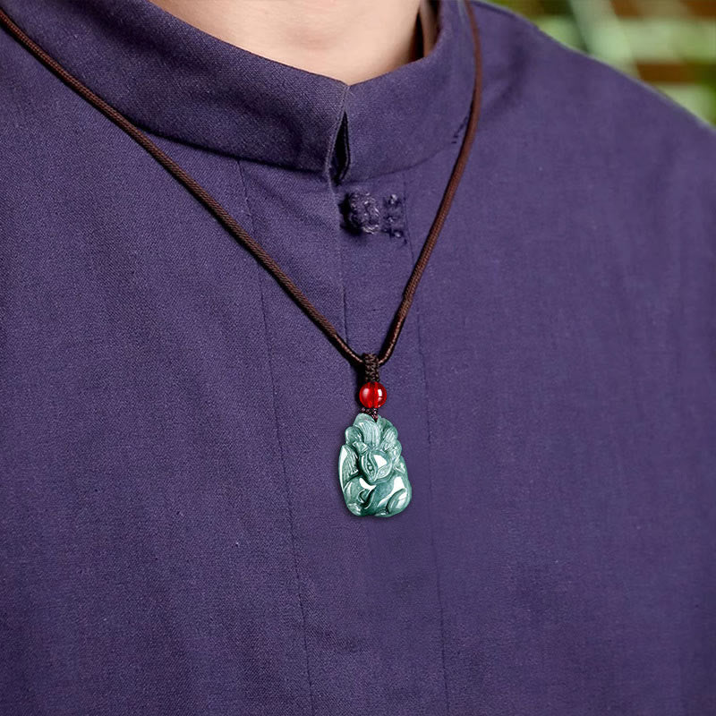 Buddha Stones Natural Green Jade Volpe a nove code Collana con ciondolo della prosperità incisa - Image 9