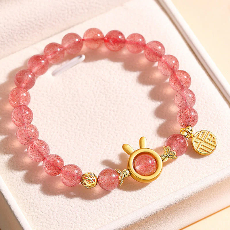 Buddha Stones Natural Strawberry Quartz Coniglio Carattere Fu Charm Bracciale Amore - Image 2