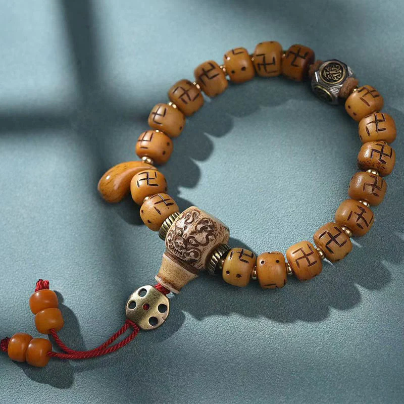 Buddha Stones naturale tibetano osso di cammello svastica Dzi perlina Shankha Buddha fascino Kirtimukha braccialetto con nappa protezione fortuna - Image 13