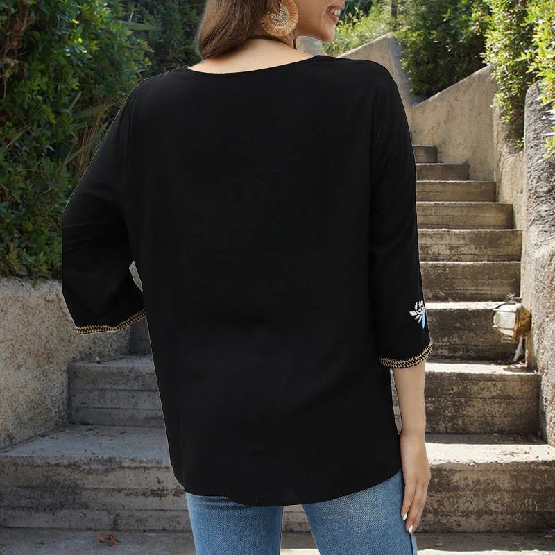 Buddha Stones Nero Casual Ricamo Rosa Modello Tre Quarti Manica Girocollo Cotone T-shirt Donna - Image 4