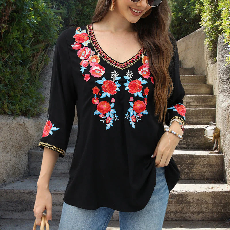 Buddha Stones Nero Casual Ricamo Rosa Modello Tre Quarti Manica Girocollo Cotone T-shirt Donna - Image 5