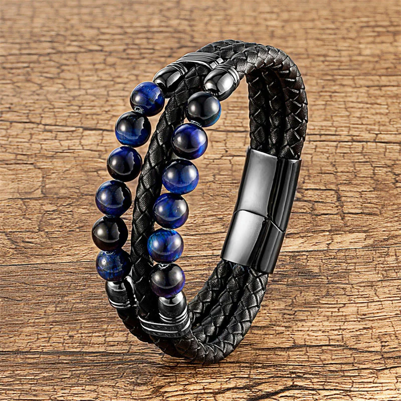 Bracciale in pelle con perle di lapislazzuli, occhio di tigre, ematite, pietra lavica, onice nero e Buddha Stones.