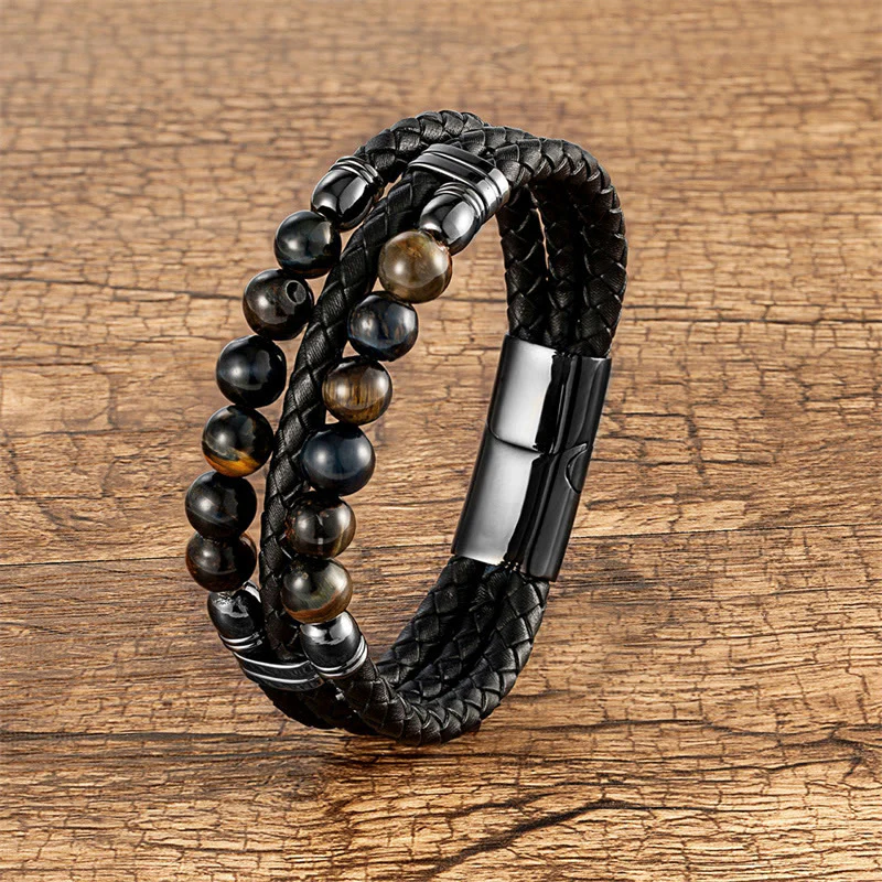 Bracciale in pelle con perle di lapislazzuli, occhio di tigre, ematite, pietra lavica, onice nero e Buddha Stones. - Image 10