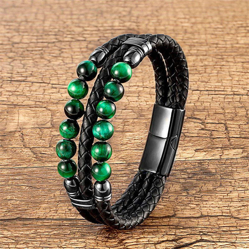 Bracciale in pelle con perle di lapislazzuli, occhio di tigre, ematite, pietra lavica, onice nero e Buddha Stones. - Image 16