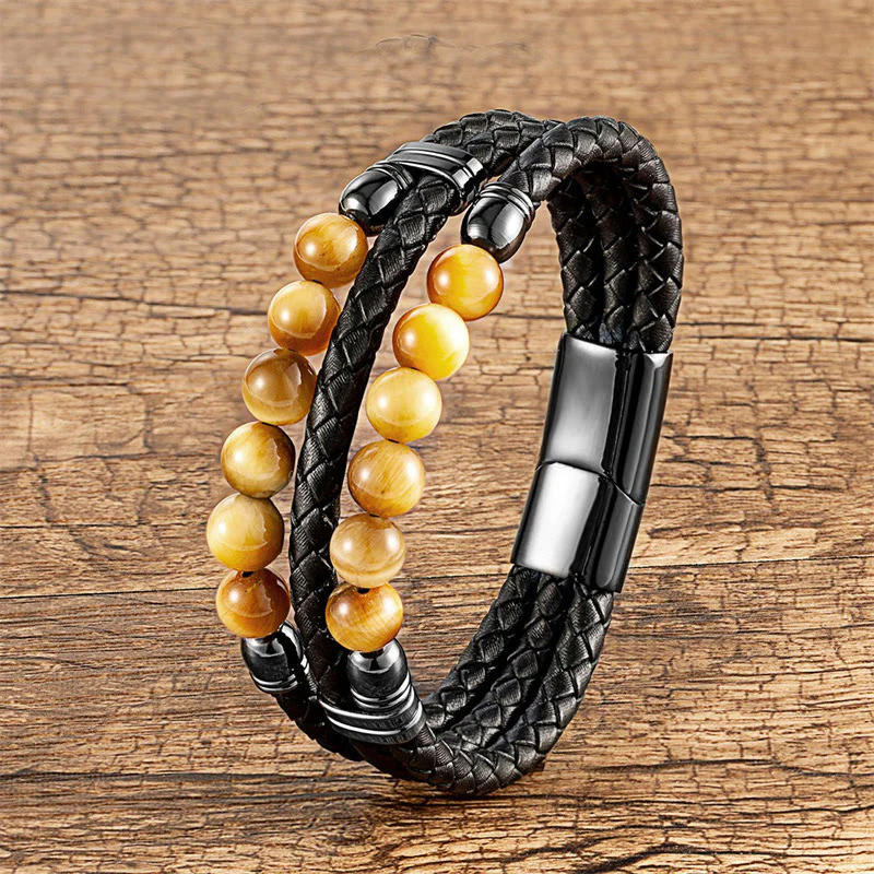 Bracciale in pelle con perle di lapislazzuli, occhio di tigre, ematite, pietra lavica, onice nero e Buddha Stones. - Image 3