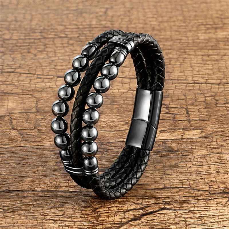 Bracciale in pelle con perle di lapislazzuli, occhio di tigre, ematite, pietra lavica, onice nero e Buddha Stones. - Image 6