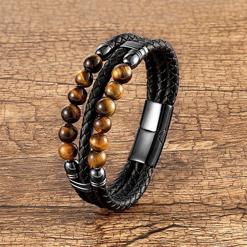 Bracciale in pelle con perle di lapislazzuli, occhio di tigre, ematite, pietra lavica, onice nero e Buddha Stones. - Image 8
