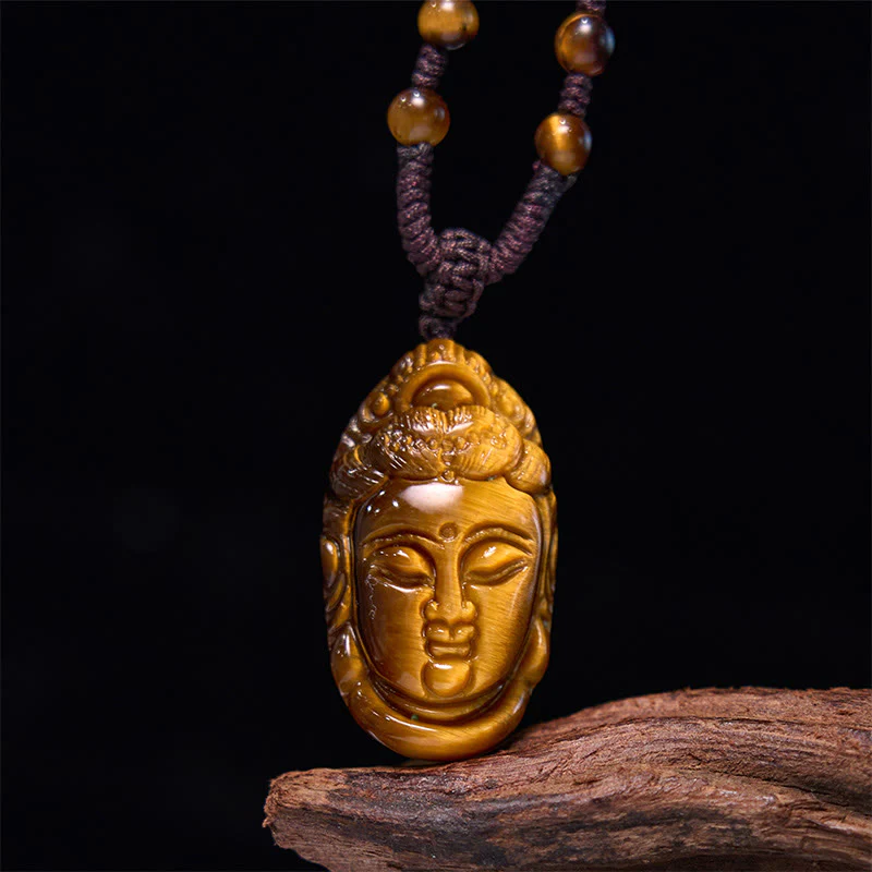 Buddha Stones Occhio di Tigre Kwan Yin Avalokitesvara Testa Corda Forza Collana Pendente - Image 11