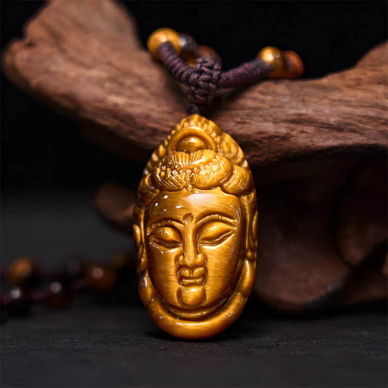Buddha Stones Occhio di Tigre Kwan Yin Avalokitesvara Testa Corda Forza Collana Pendente - Image 12
