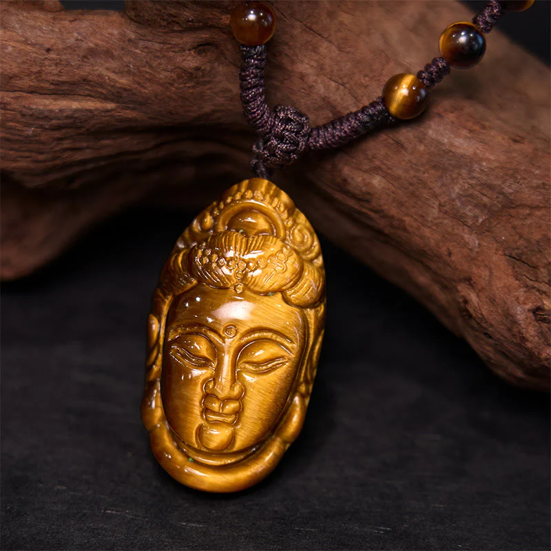 Buddha Stones Occhio di Tigre Kwan Yin Avalokitesvara Testa Corda Forza Collana Pendente - Image 13